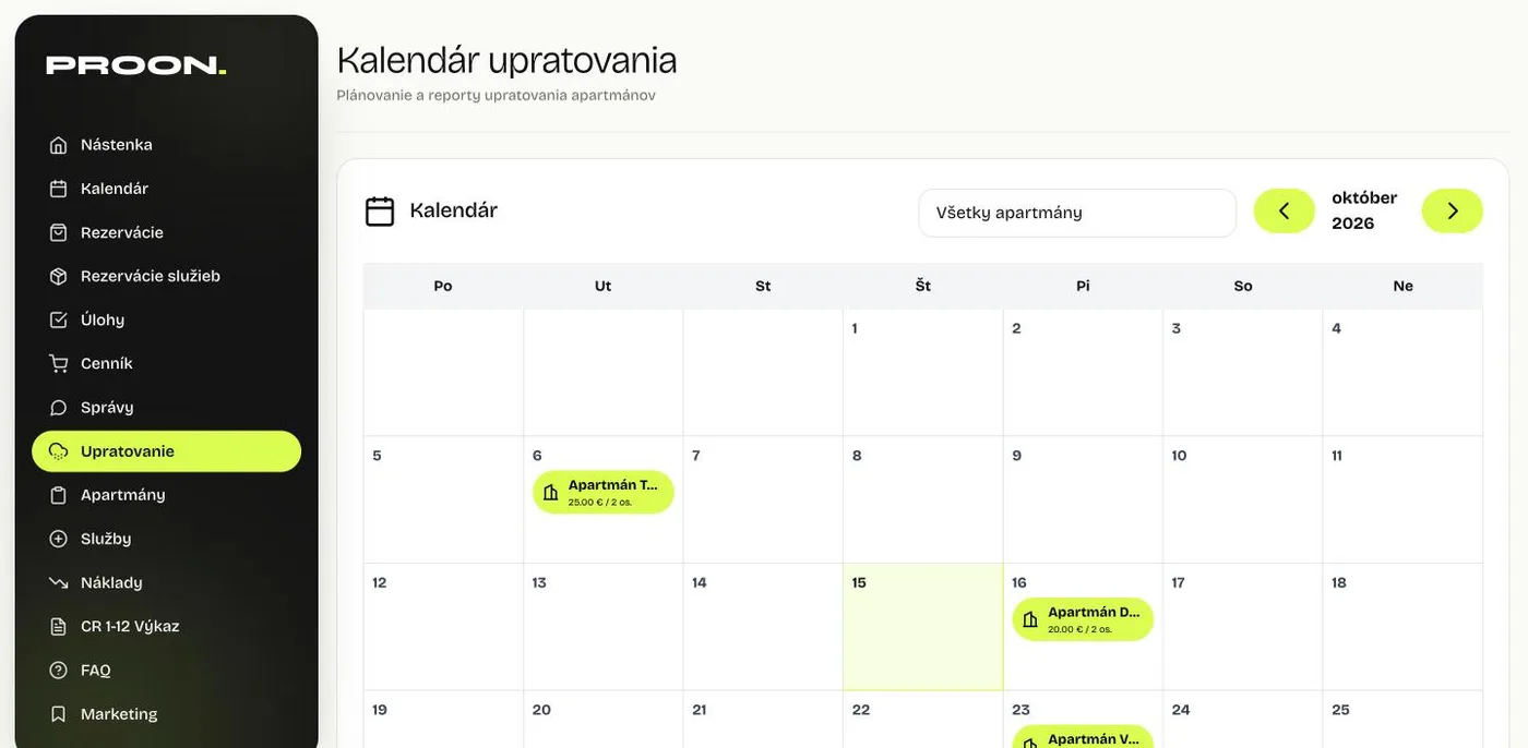 Kalendár upratovania v Proon. PMS